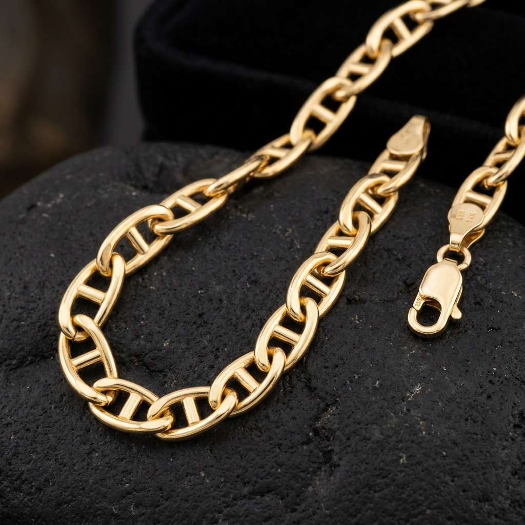 Złoty łańcuszek anchor ankier mariner 585 14K – owalne ogniwa z poprzeczką, styl morski okrętowy