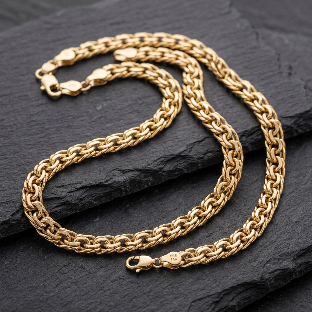 Złoty łańcuszek bismarck męski 585 14K – podwójnie pleciony splot, gęste przeplatane ogniwa