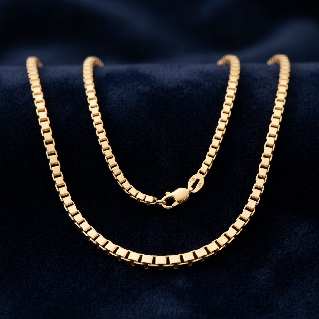 Złoty łańcuszek box kostka unisex 585 14K – kwadratowe ogniwa, geometryczny minimalistyczny splot