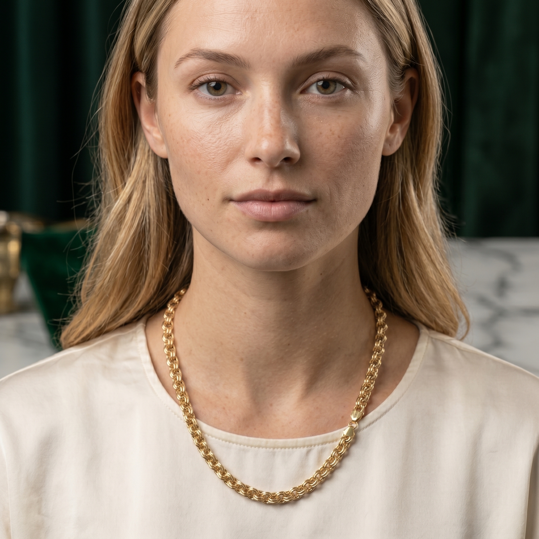 Kobieta w jasnej bluzce ze złotym łańcuszkiem galibardi 585 14K – minimalistyczny elegancki look