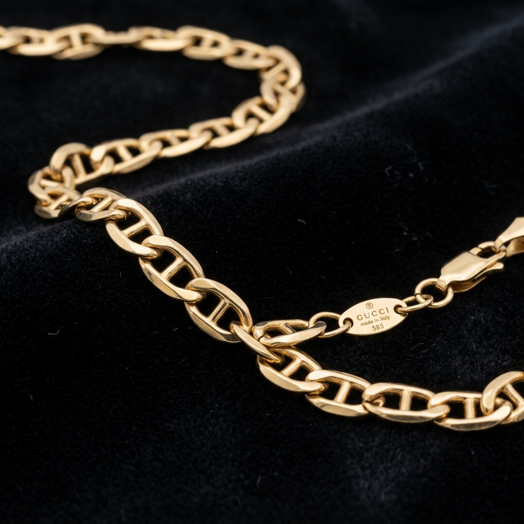 Złoty łańcuszek gucci mariner 585 14K – płaskie owalne ogniwa z poprzeczką, splot morski