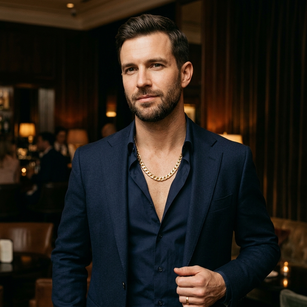 Elegancki mężczyzna w granatowym garniturze ze złotym łańcuszkiem pancerka – styl premium