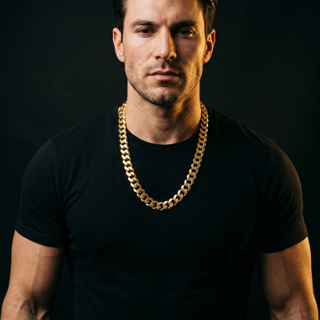 Mężczyzna w czarnym t-shirtcie noszący złoty łańcuszek pancerka 585 – masywny splot 8mm