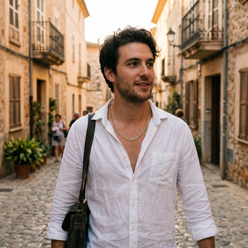 Złoty łańcuszek pancerka 585 na mężczyźnie w białej koszuli – street style, złota godzina