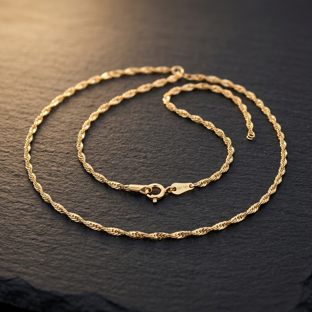 Złoty łańcuszek singapore damski 585 14K – delikatny skręcany splot z połyskiem, biżuteria damska